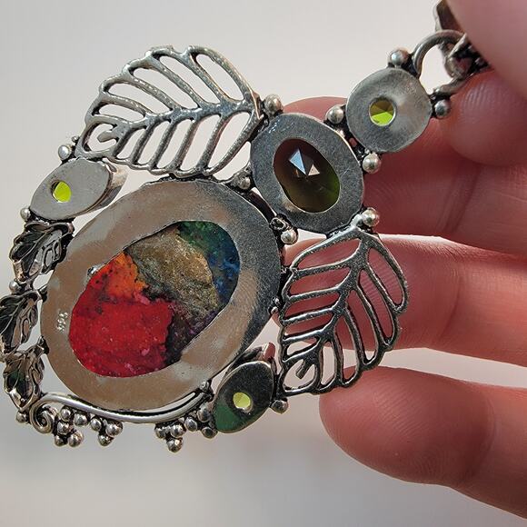 Handmade Rainbow Fluorite and Peridot Pendant with Sterling Silver Floral Design - Picture 10 of 10
